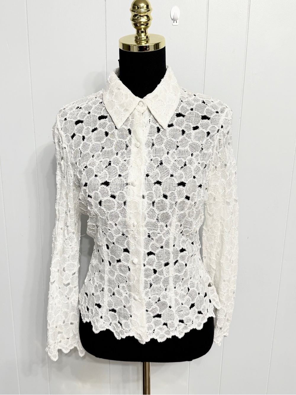 White Lace Button-Up Shirt Blouse with sparkly Beads